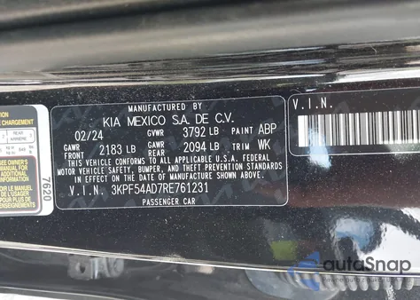 2024 Kia Forte Gt-Line из США, поврежденный, VIN 3KPF54AD7RE761231